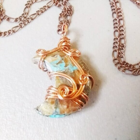 Boho Moon Goddess! Crescent Moon Necklace ~ Turquoise Agate + Quartz Composition - Picture 8 of 11
